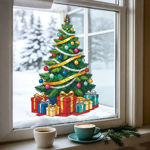 Christmas Tree Wall Sticker Colorful Ball Ribbon Pattern PVC Self-Adhesive Removable Decal For Living Room Bedroom Furniture Festive Decoration