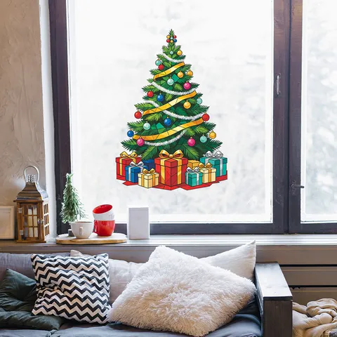 Christmas Tree Wall Sticker Colorful Ball Ribbon Pattern PVC Self-Adhesive Removable Decal For Living Room Bedroom Furniture Festive Decoration