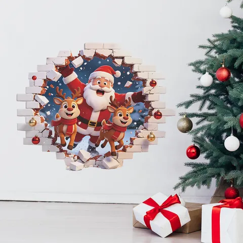 3D Broken Wall Weihnachten Wandtattoo Weihnachtsmann Rentier PVC Selbstklebendes Wandbild Für Wohnzimmer Schlafzimmer Deko
