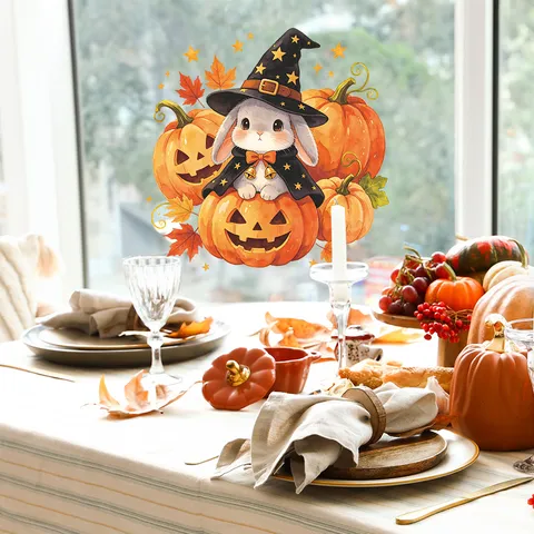 Cartoon Halloween Zauberer Hase Wandtattoo Abnehmbare PVC Kürbis Blatt Aufkleber Für Fenster Schlafzimmer Wohnzimmer Deko