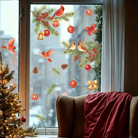 Christmas Wall Sticker Red Cardinal Pine Cone Bell Xmas Ball Window Decal PVC Self-Adhesive Festive Home Decor Mural Sticker