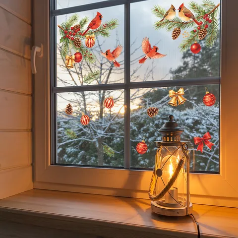 Christmas Wall Sticker Red Cardinal Pine Cone Bell Xmas Ball Window Decal PVC Self-Adhesive Festive Home Decor Mural Sticker