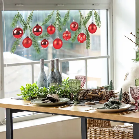 Christmas Wall Sticker PVC Printed Red Baubles Pine Branches Self Adhesive Window Decal Festive Home Decoration