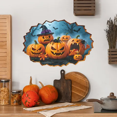 Adesivo Murale 3D Zucca di Halloween Divertente Decalcomania con Crepa Muro Murale d'Arte in PVC Autoadesivo Zucca per Arredo Casa
