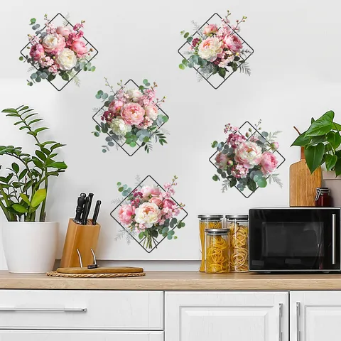 Floral Wall Stickers Pink Peonies Eucalyptus Leaves Geometric Diamond Frame Self-Adhesive Removable PVC Decals Home Decor