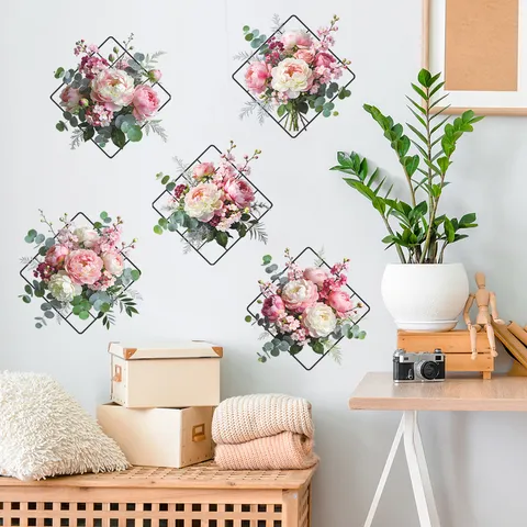Floral Wall Stickers Pink Peonies Eucalyptus Leaves Geometric Diamond Frame Self-Adhesive Removable PVC Decals Home Decor