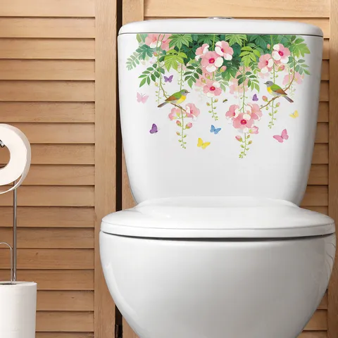 Pink Floral Vine Bird Wall Sticker Removable PVC Self-Adhesive Waterproof Decal For Bathroom Toilet Tank Decoration Home Art Mural