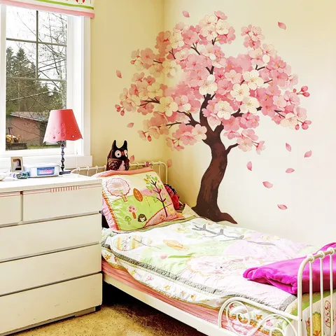 Adesivi Murali Romantici Albero di Ciliegio Rosa Fiori di Sakura Primaverili Adesivi Autoadesivi per Decorazione Camera da Letto
