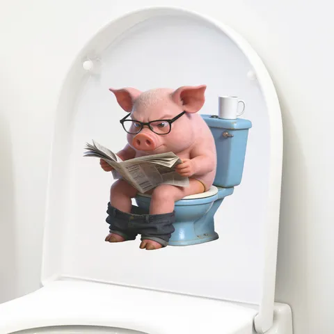 3D Funny Pig Reading Newspaper Toilet Sticker Waterproof PVC Wall Sticker For Bathroom Toilet Lid Cover Home Decor Decal