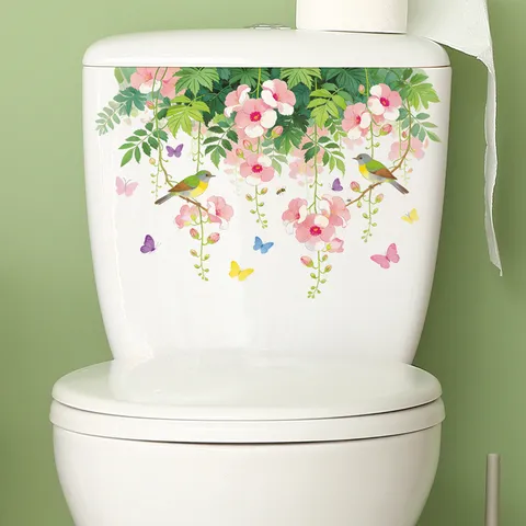 Pink Floral Vine Bird Wall Sticker Removable PVC Self-Adhesive Waterproof Decal For Bathroom Toilet Tank Decoration Home Art Mural