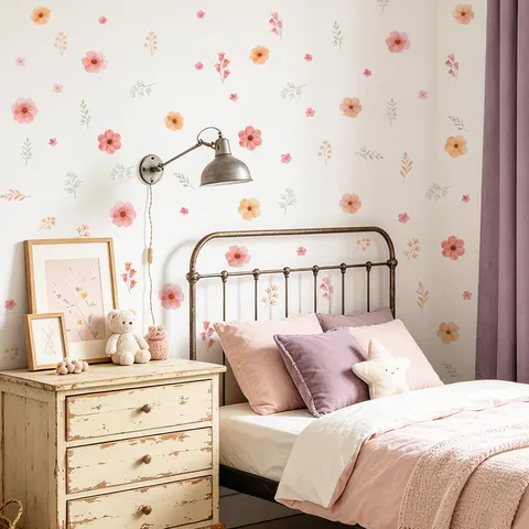 Floral Wall Stickers Pink Orange Flower PVC Wall Decals Self-Adhesive Removable Decorative Sticker For Bedroom Living Room Nursery Home Decor