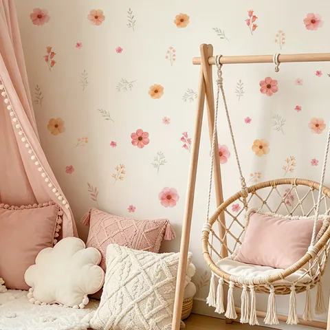 Floral Wall Stickers Pink Orange Flower PVC Wall Decals Self-Adhesive Removable Decorative Sticker For Bedroom Living Room Nursery Home Decor