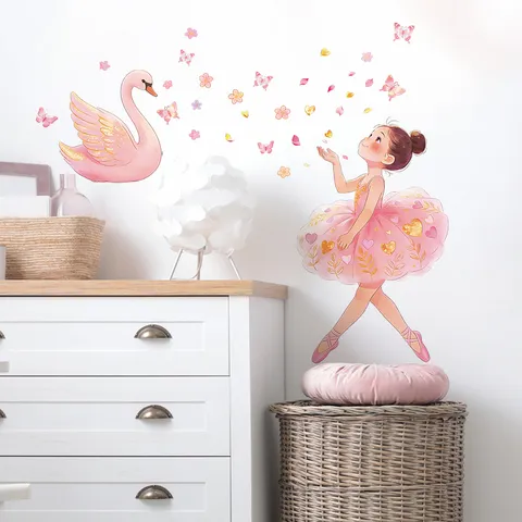 Pegatinas de Pared de Bailarina de Ensueño Rosa Princesa Dibujos Animados Cisne Mariposa Corazón Flores Calcomanías de PVC Autoadhesivas Para Dormitorio Infantil