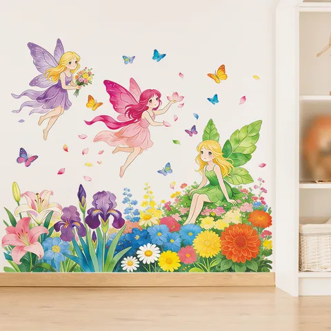 Pegatina de Pared de Dibujos Animados Hada de Flores Princesa PVC Autoadhesiva Mariposa Decal para Cuarto de Niños