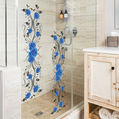 Blue Rose Wall Sticker Waterproof PVC Self-Adhesive Glass Decal For Bedroom Entryway Bathroom Home Decoration