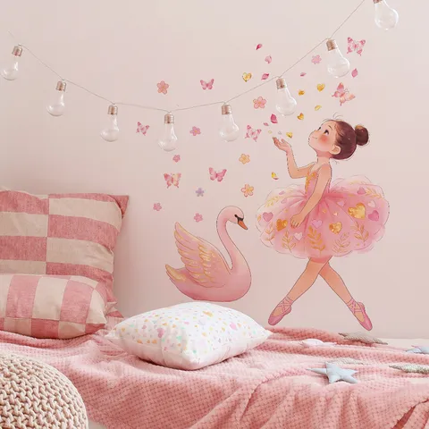 Pegatinas de Pared de Bailarina de Ensueño Rosa Princesa Dibujos Animados Cisne Mariposa Corazón Flores Calcomanías de PVC Autoadhesivas Para Dormitorio Infantil