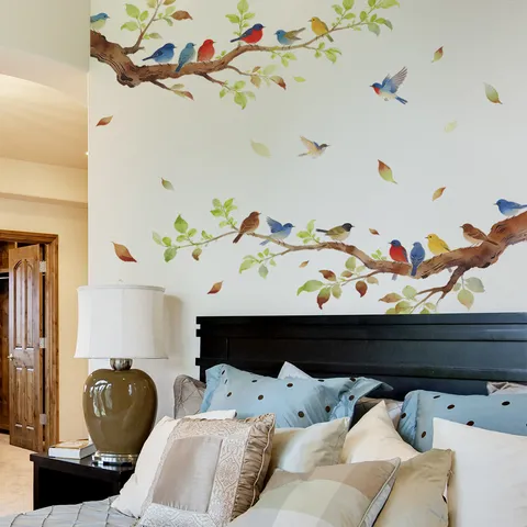Watercolor Birds On Tree Branch Wall Stickers Removable PVC Leaf Vine Wall Decal For Living Room Bedroom Home Decoration