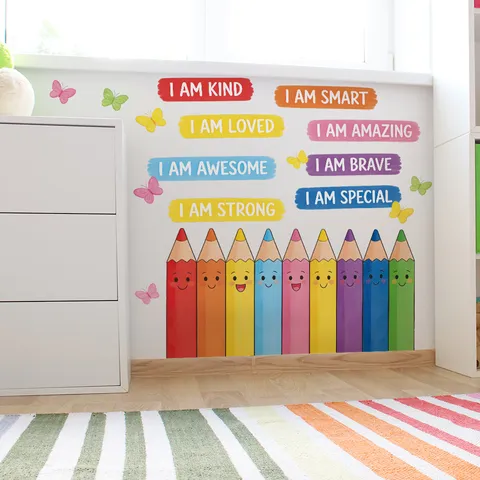 Pegatinas de Pared Lápiz de Color Dibujos Animados Frases Inspiradoras Calcomanías de Pared PVC Autoadhesivas Decoración del Hogar