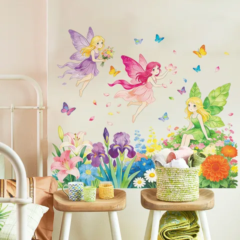 Pegatina de Pared de Dibujos Animados Hada de Flores Princesa PVC Autoadhesiva Mariposa Decal para Cuarto de Niños