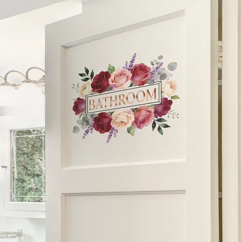 Rose Floral Bathroom Door Wall Sticker Waterproof PVC Flower Decal Toilet Decor Washroom Sign Aesthetic Home Art