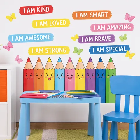 Pegatinas de Pared Lápiz de Color Dibujos Animados Frases Inspiradoras Calcomanías de Pared PVC Autoadhesivas Decoración del Hogar
