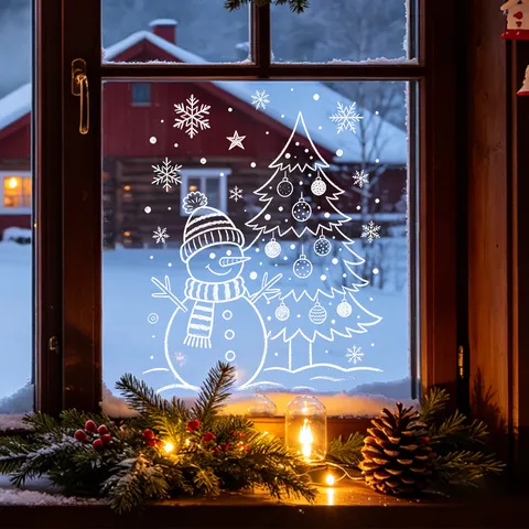 Witte Kerst Sneeuwpop Sneeuwvlok Statische Kleef Vensterstickers UV Statische Raamfolie Decals Voor Glazen Deur Thuis Kerstmis Winkel Decor