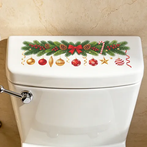 Christmas Pine Branches Red Bow Balls Toilet Sticker PVC Self-Adhesive Bathroom Decoration Festive Wall Sticker For Toilet Tank