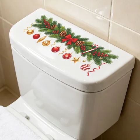 Christmas Pine Branches Red Bow Balls Toilet Sticker PVC Self-Adhesive Bathroom Decoration Festive Wall Sticker For Toilet Tank