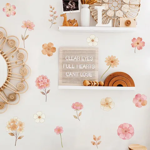 Morandi Pink Orange Floral Wall Sticker Watercolor Flower Leaf PVC Removable Decal For Bedroom Living Room Home Decoration