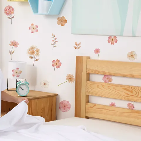 Morandi Pink Orange Floral Wall Sticker Watercolor Flower Leaf PVC Removable Decal For Bedroom Living Room Home Decoration