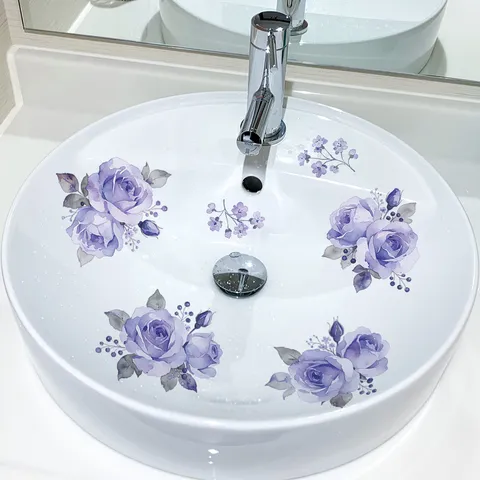 Purple Rose Floral Wall Stickers PVC Self Adhesive Waterproof Flower Decal For Bathroom Bedroom Living Room Home Decor