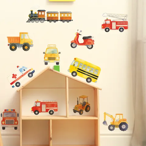 Cartoon Construction Vehicle Wall Stickers Watercolor Engineering Truck Ambulance School Bus PVC Self-Adhesive Wall Decals For Kids Room Home Decor