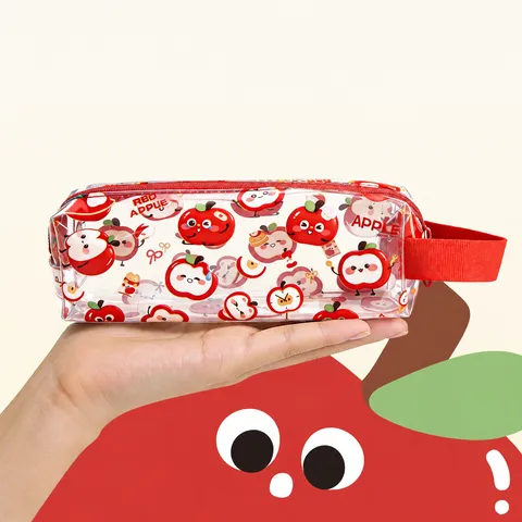Schattige Appel Patroon Transparant PVC Etui Grote Capaciteit Student Stationery Pouch Met Rode Rits En Handvat