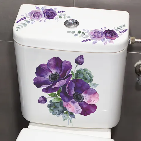 Waterproof Floral Toilet Stickers Elegant Anemone Rose Lavender PVC Self Adhesive Wall Decals For Bathroom Home Decor