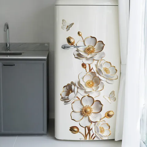 3D Effect White Gold Flower Wall Sticker Butterfly Floral Wall Decal Self-Adhesive PVC Decoration For Living Room Bedroom Home Kitchen