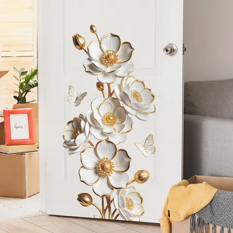 3D Effect White Gold Flower Wall Sticker Butterfly Floral Wall Decal Self-Adhesive PVC Decoration For Living Room Bedroom Home Kitchen
