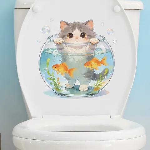 3D Cartoon Cat Toilet Sticker PVC Waterproof Self-Adhesive Wall Decals For Bathroom Home Decor Cute Animal Mural Sticker
