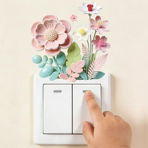 Macaron Kleur Bloem Muursticker 3D Effect Bloem Schakelaar Sticker Zelfklevend PVC Decor Voor Woonkamer Slaapkamer Huis