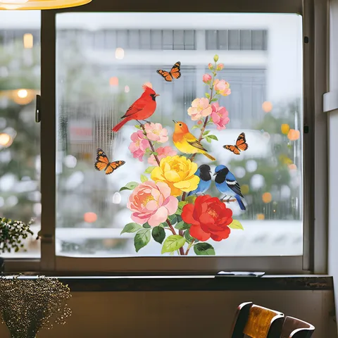 Floral Cardinal Butterfly Wall Stickers Peony Bird PVC Self-Adhesive Window Decals For Bedroom Living Room Glass Decor