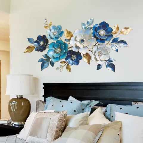 Enamel Style Blue Floral Wall Stickers Metal Look PVC Self Adhesive Flower Wall Decals For Living Room Bedroom Decor