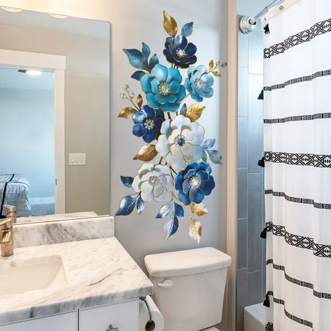 Enamel Style Blue Floral Wall Stickers Metal Look PVC Self Adhesive Flower Wall Decals For Living Room Bedroom Decor
