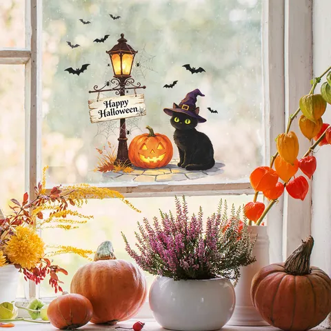 Halloween Wall Stickers Black Cat Pumpkin Lantern Witch Hat Window Cling Bedroom Living Room Home Decor Party Supplies