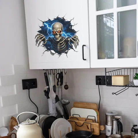Pegatina de Pared 3D Halloween Cráneo Ojos Rojos Pared Rota Relámpago PVC Autoadhesiva Decoración de Hogar