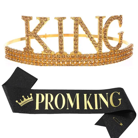 Prom King Sash And Crown Set For Men Rhinestone Zinc Alloy Tiara Sash Set For Graduation Party Birthday Prom Decorations