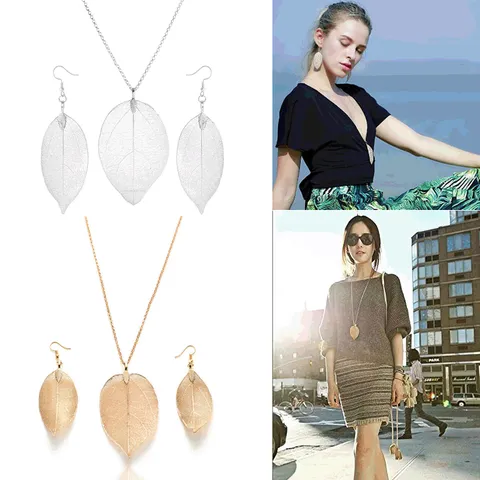 Minimalist Electroplated Alloy Natural Leaf Pendant Long Necklace And Drop Earrings For Women Fashion Jewelry Christmas Gift