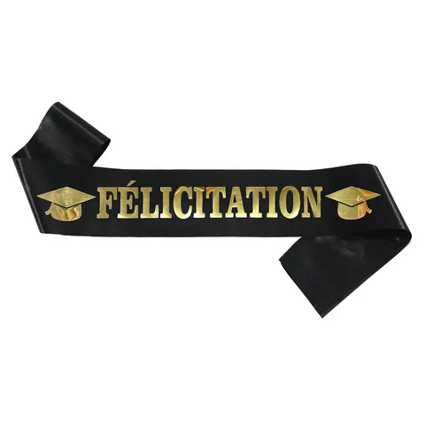 Black Satin Graduation Sash French Félicitation Gold Gilded Lettering Celebration Prom Party Ceremonial Sash Accessory