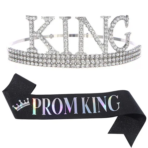 Prom King Sash And Crown Set For Men Rhinestone Zinc Alloy Tiara Sash Set For Graduation Party Birthday Prom Decorations