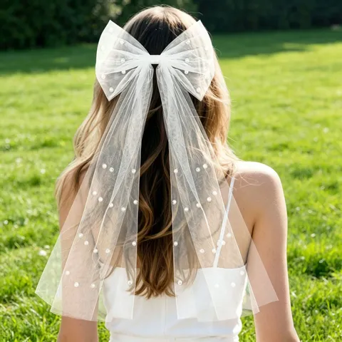 Weiß Rosa Schwarz Perle Schleife Tüll Schleier Haarspange Lange Schleife Braut Hochzeit Junggesellinnenabschied Haarschmuck Für Damen Süß Netz Haarnadeln