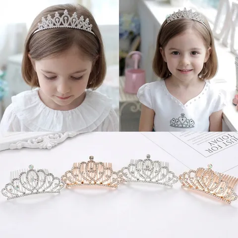 Korean Style Princess Crown Hair Comb For Kids Glitter Rhinestone Alloy Headpiece Small Tiara Girls Party Hair Jewelry