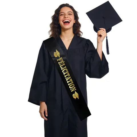 Black Satin Graduation Sash French Félicitation Gold Gilded Lettering Celebration Prom Party Ceremonial Sash Accessory